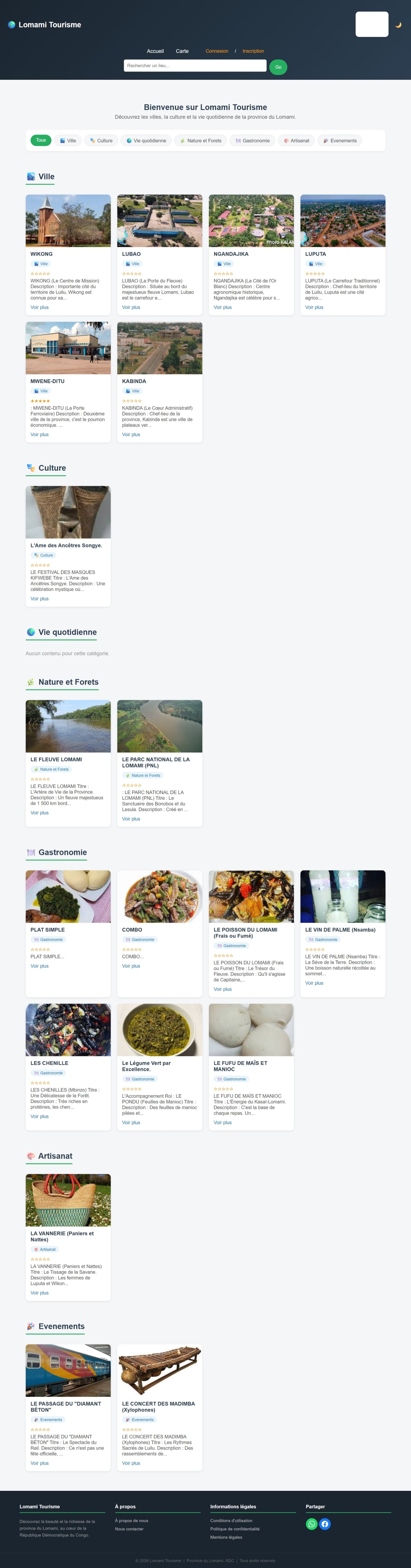 Lomami Horizon tourism website interface showing photo gallery and interactive map